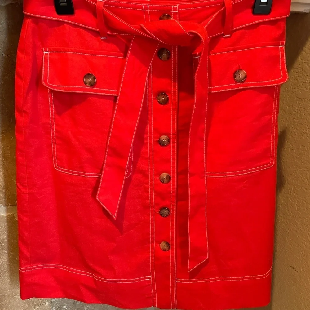 NWOT J. Crew Pencil Skirt cotton linen front tie tortoise shell buttons preppy O